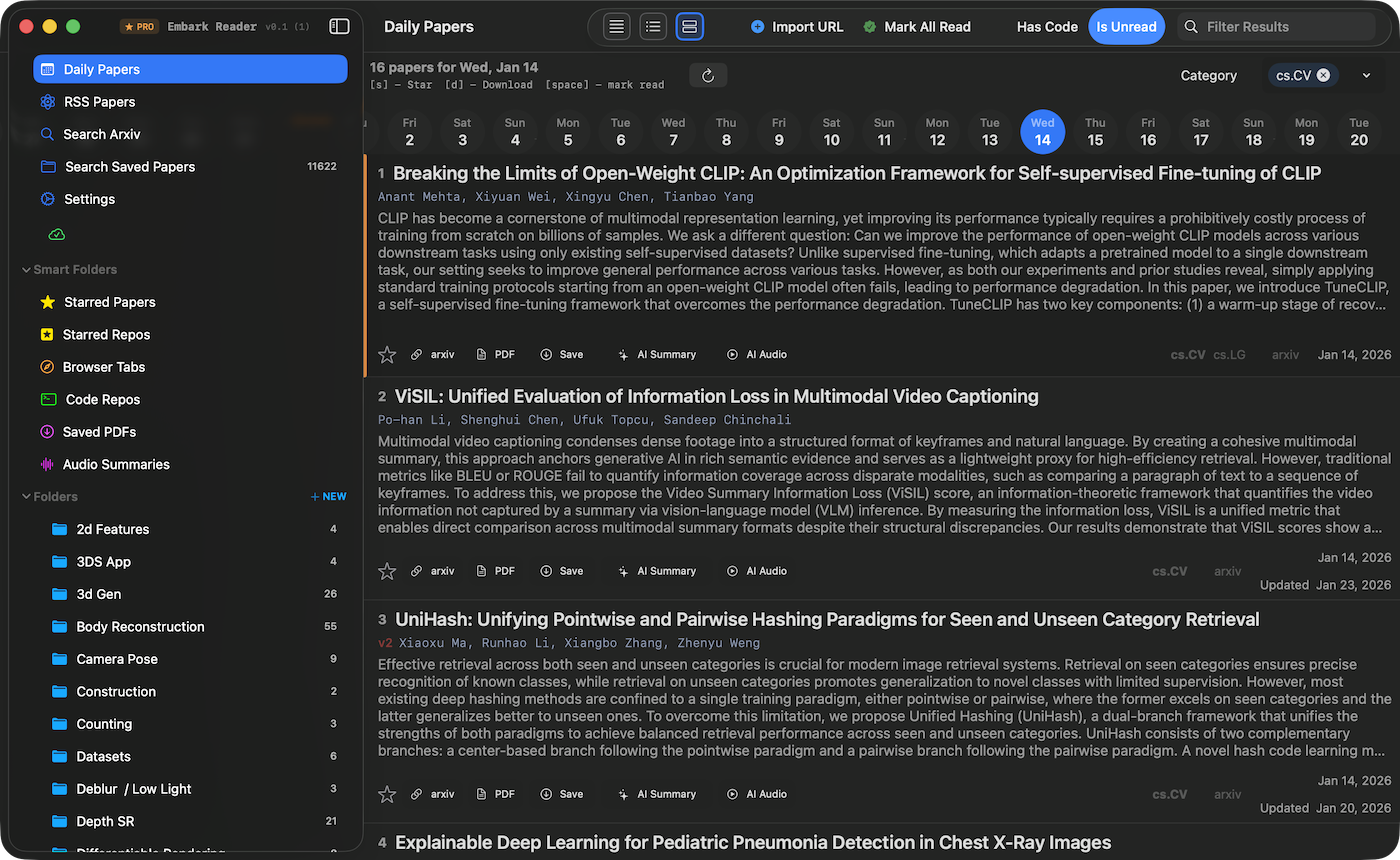 Embark Reader main interface showing organized paper list
